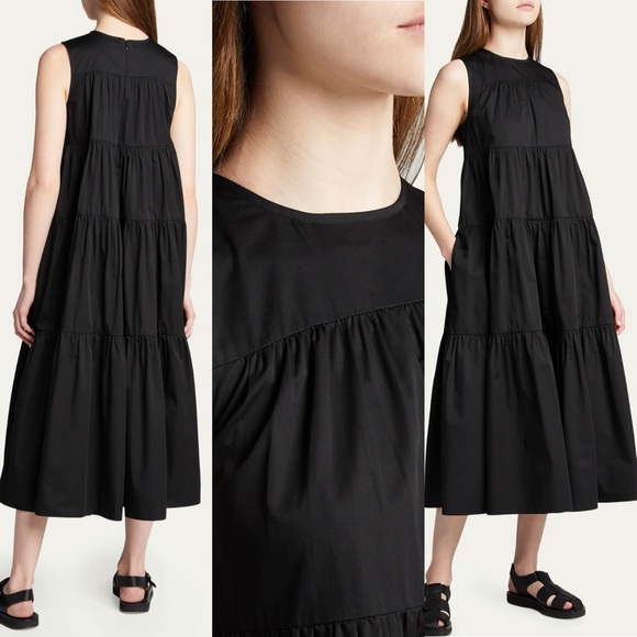 CO Essentials Collection Sleeveless Cotton Tiered Midi Dress Black Pocket Sz Med - Picture 2 of 16